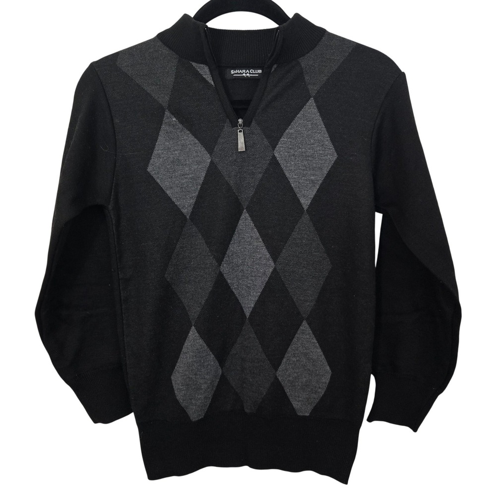Vintage‎ Sahara Club Argyle Sweater Quarter Zip Black Grey Y2K Dark Academia SM